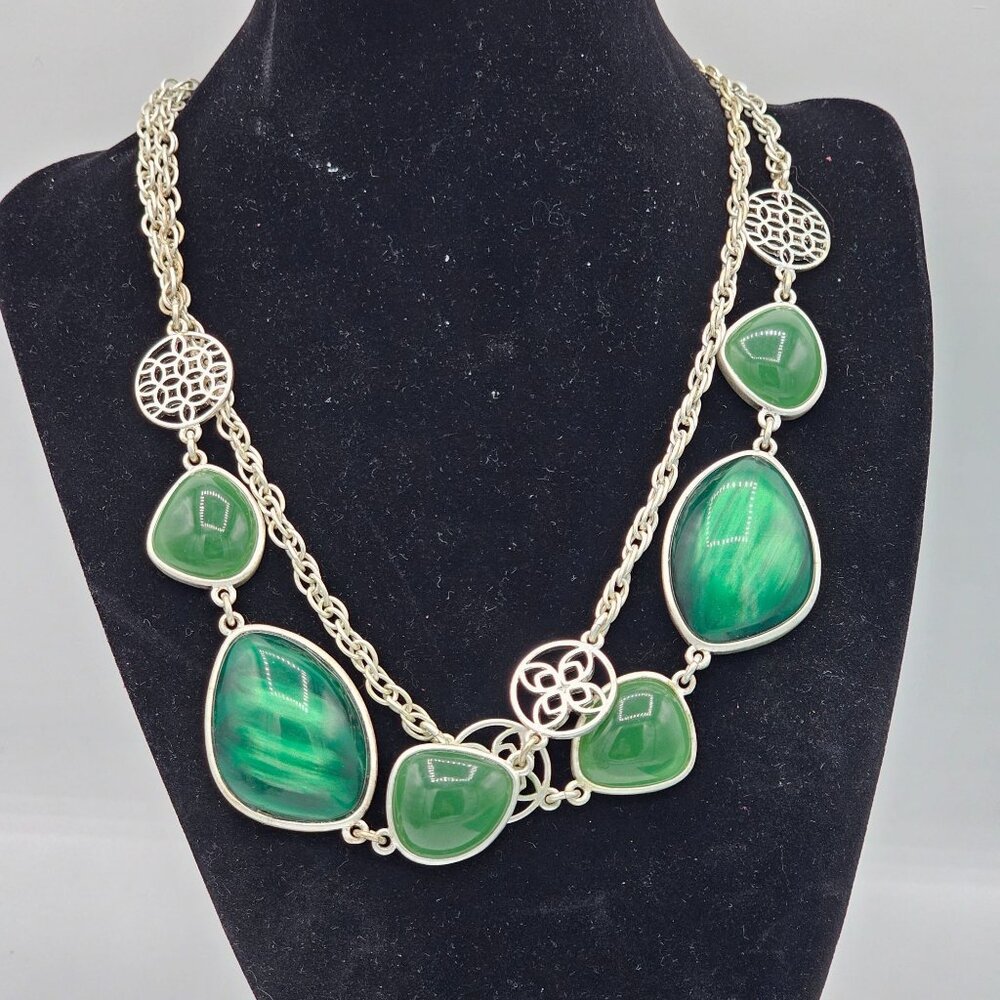 Bill Blass Iridescent Green Multi-Stone Necklace Long Silver-tone Chain 34 in